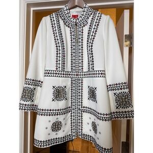 V White Geometric Embroidered Zip Front Stand Collar Long Sleeve Coat Jacket‎